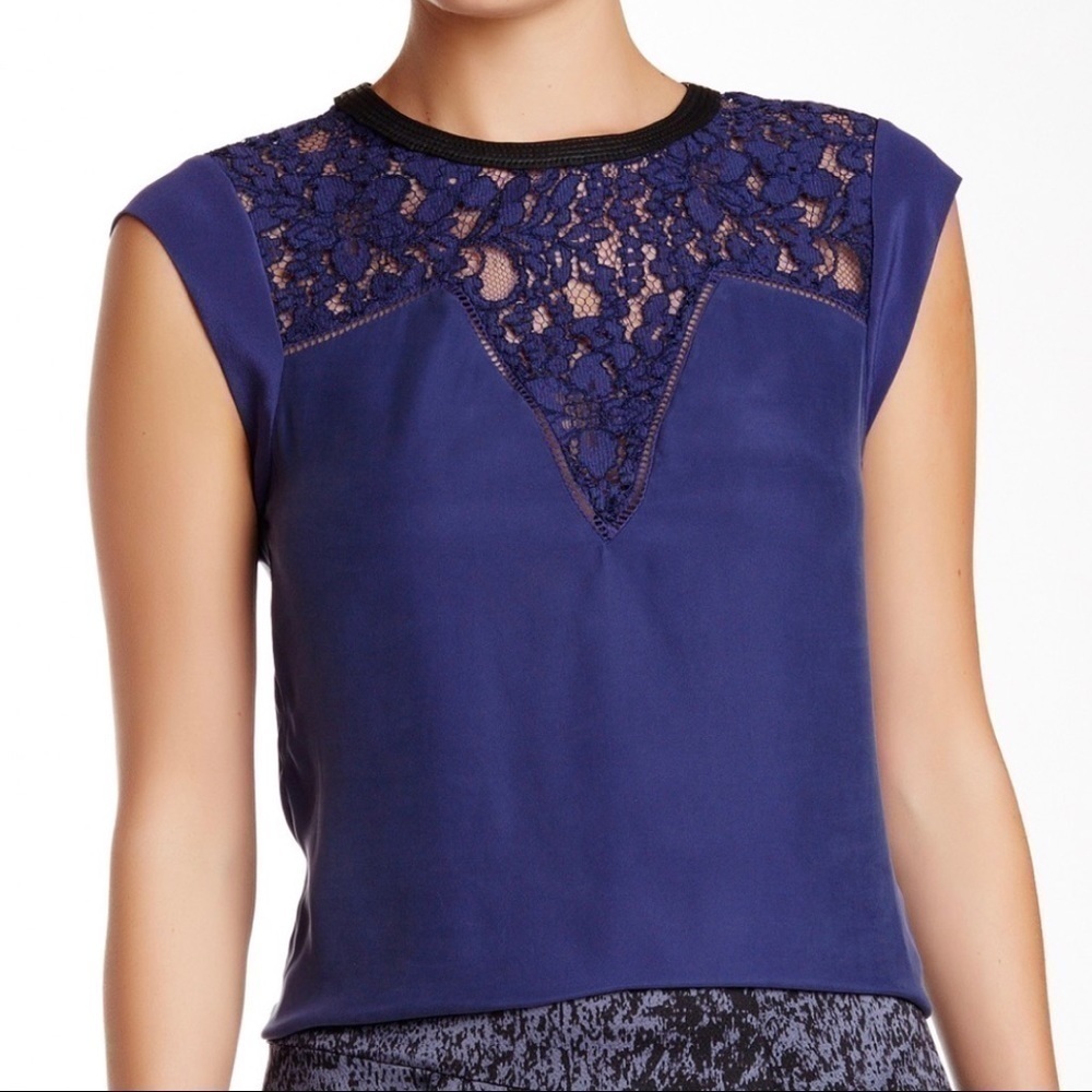 Rebecca Taylor Faux Leather Trim Lace Inset Top